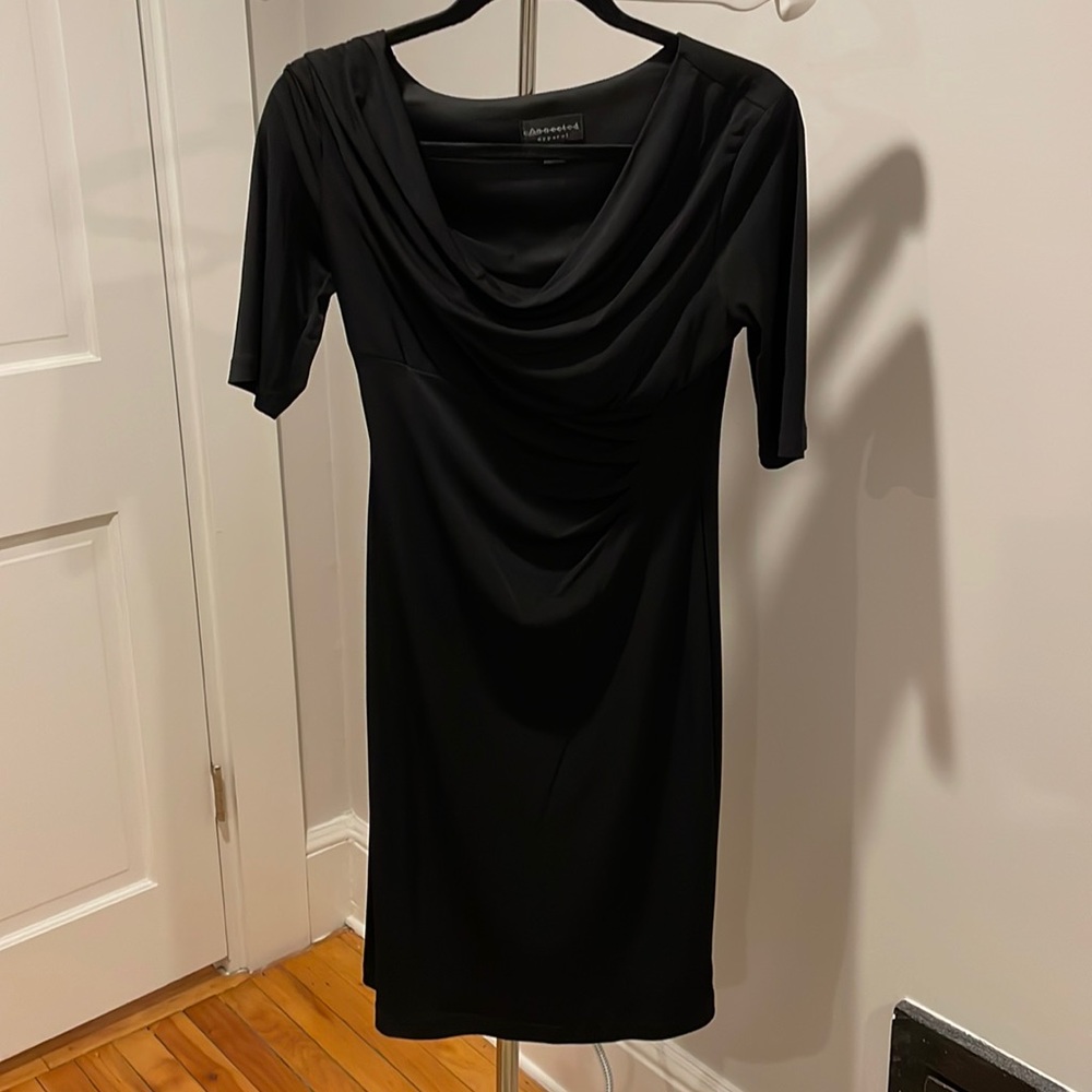 Black midi dress with draped neck line